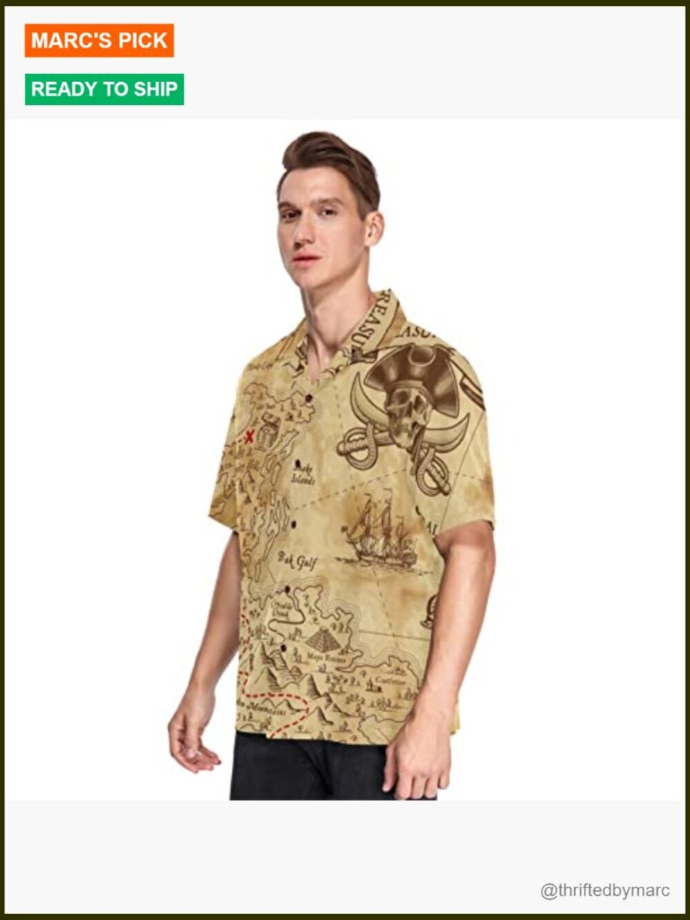 Men's Retro Pirates Treasure Map Short Sleeve Button Down Shirt Summer Beach - Picture 3 of 6